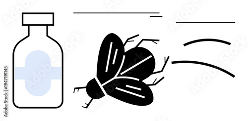Medicine bottle near fly icon with movement lines indicating repellence or harmful effect. Ideal for pest control, hygiene, disease prevention, farming, health, pharmacy, minimalism. Simple flat