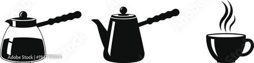 Silhouette of coffee maker percolator and steaming cup on white background