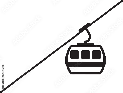 Black and white of a ski lift gondola suspended from a cable against a white background also transparent background