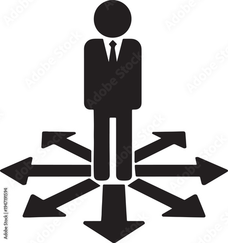 Black silhouette of a person in a suit standing at a crossroads with multiple directional arrows also transparent background