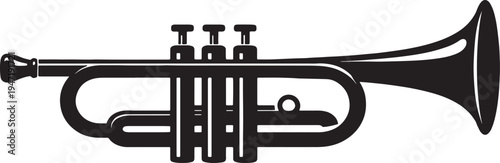 Black silhouette of a trumpet musical instrument with three valves and a flared bell also transparent background