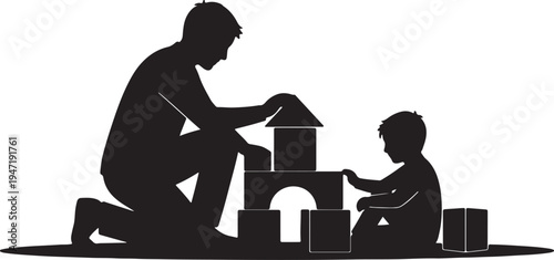 Father and child silhouette building with wooden blocks on white background also transparent background