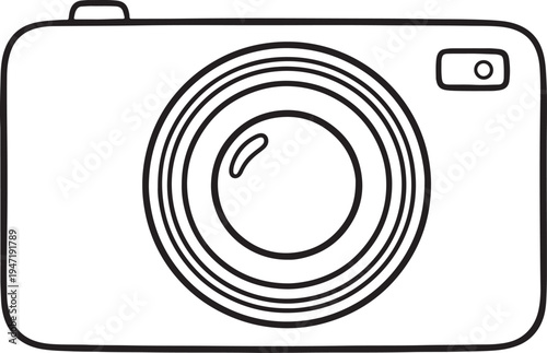 Simple black and white line of a digital camera with a prominent lens and flash also transparent background
