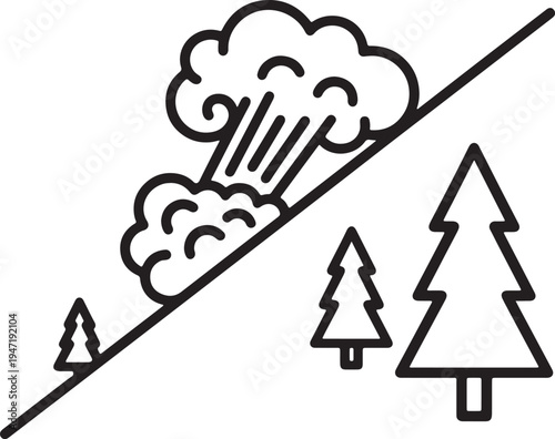 Stylized black line of an avalanche descending a slope with trees below also transparent background snow