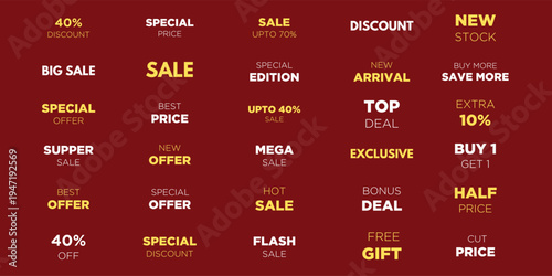 Collection of Red and Gold Retail Promotional Text Labels Including Flash Sale Mega Deal Half Price and Exclusive Offer — Marketing Typography Bundle Isolated on Dark Background
