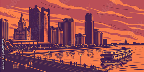 USA, US, U.S, United States - Detroit Skyline Sunset Panorama — Riverfront Reflections, Dramatic Sky, and a Striking Urban View Across the United States