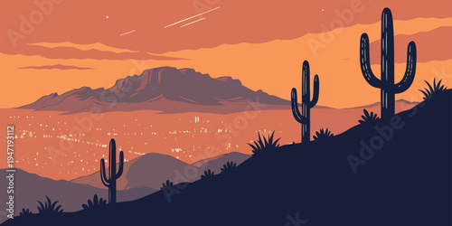 USA, US, U.S, United States - Phoenix Desert Skyline at Sunset — Glowing City Lights, Cactus Silhouettes, and a Stunning Southwest Panorama of the United States