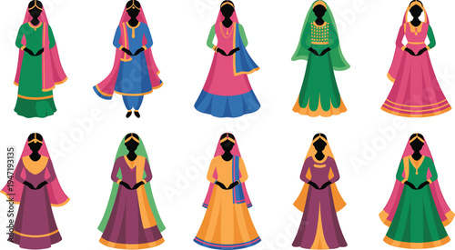 Illustrations of women in traditional Indian clothing, colorful cultural dresses