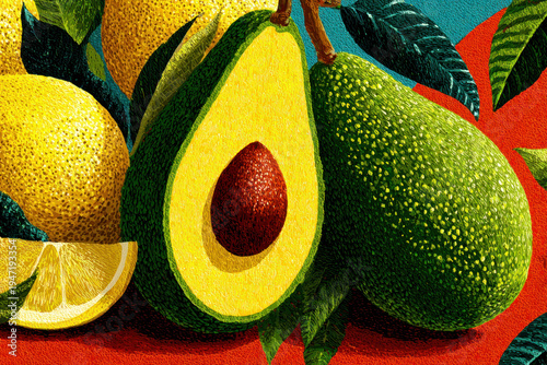 Vibrant stylized illustration of fresh avocado and lemon arranged with tropical leaves in a bold textured composition.  