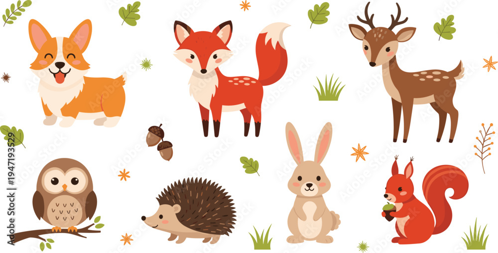 Fototapeta premium Cute Woodland Forest Animal Cartoon Set Featuring Fox Deer Owl Hedgehog Rabbit Squirrel and Corgi Dog with Nature Leaves for Kids Illustration