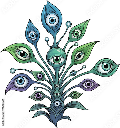 A vibrant and surreal illustration of a plant with multiple eyes on its leaves and stems.