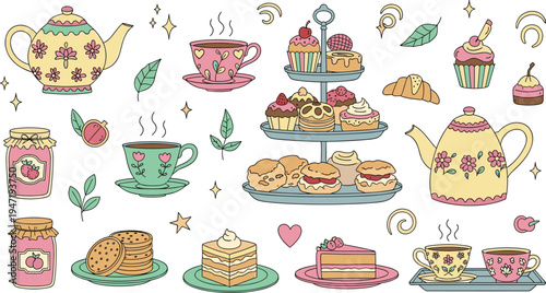 Cute Tea Time Dessert and Bakery Icon Set Featuring Teapots Teacups Cupcakes Croissants Cakes Cookies and Sweet Pastries for Cafe Menu Design