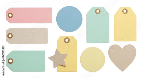 Collection of colorful gift tags and shapes cutout isolated on transparent bg, png