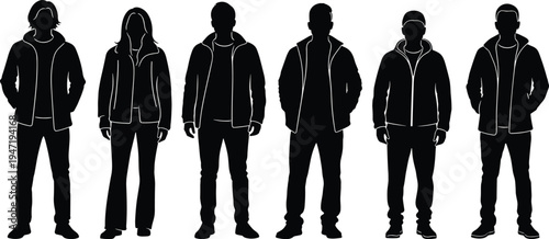 Foto Three stylized human silhouettes depicted in a high contrast black and white ver