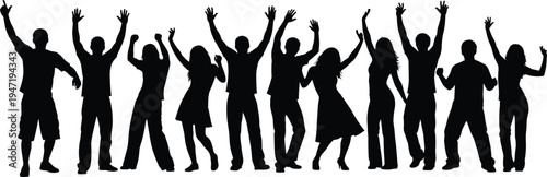 A stylized silhouette of a crowd of people with their arms raised in a celebration or concert mood Vector