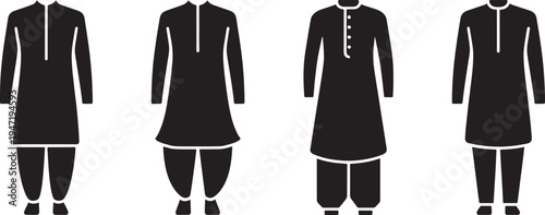 Traditional Panjabi Kurtas and Pajamas Silhouettes, Cultural Fashion Illustrations
