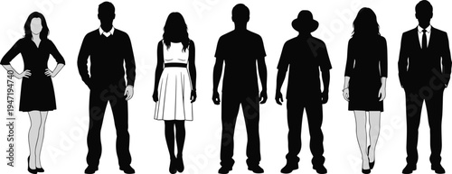 A stylized digital art representation of a diverse group of people standing in a line together Vector