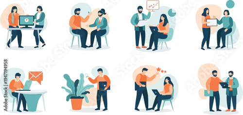 Diverse team members collaborate on various office tasks including digital communication, mentoring, and planning.