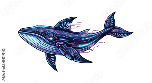 Advanced cybernetic whale illustration, displaying a sleek marine creature with glowing blue and purple circuit patterns and futuristic mechanical fins.