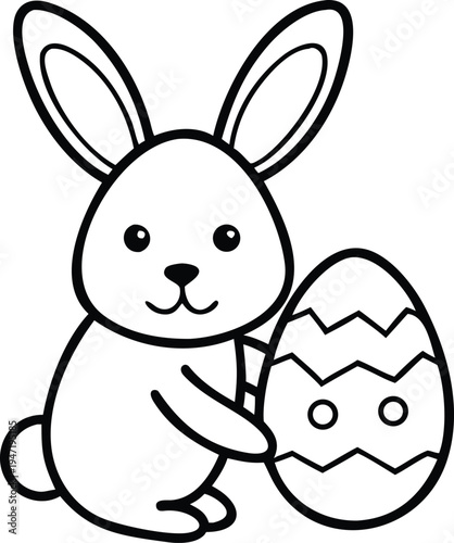 Cute Easter Bunny Holding Decorated Egg Vector Illustration, Minimalist Line Art Style for Coloring Pages and Seasonal Decor