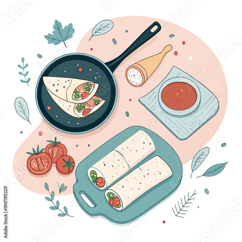 Delicious Burritos on a Cutting Board with Tomatoes and Sauce, Fresh Ingredients for a Healthy Meal