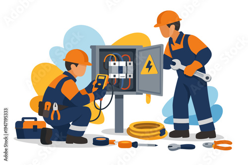 Two electricians working on an electrical panel box.