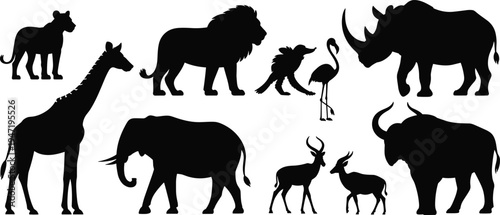 A comprehensive collection of African safari wildlife silhouettes featuring a lion, elephant, giraffe, rhinoceros, buffalo, flamingo, and antelope, perfect for nature conservation 