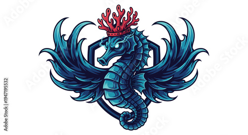 Majestic winged seahorse illustration, adorned with a coral crown, set against a shield background, symbolizing power and regality.