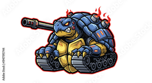 Powerful tortoise tank illustration, armored with a formidable cannon, heavy tracks, and glowing red accents, resembling a military vehicle.