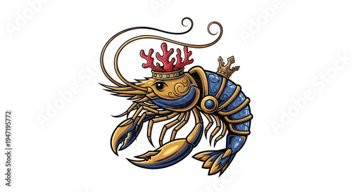 Regal shrimp illustration, adorned with a golden crown and coral-like headpiece, featuring ornate blue and gold armor on its body.