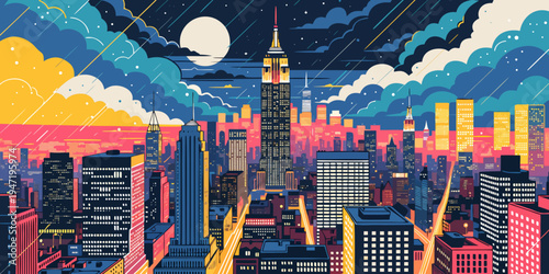 USA, US, U.S, United States - Vibrant New York City Night Skyline – Colorful Manhattan Skyscrapers, Moonlit Clouds, Neon Lights, and Modern Geometric Urban Art Style for Prints, Posters, and Dramatic
