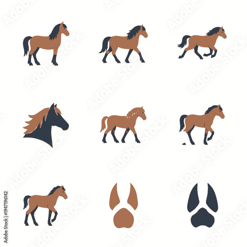 Flat design icons of brown horses with dark manes in different gaits and poses, with a horse head and hoof prints, isolated vector set.