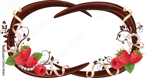 A beautiful brown wooden frame adorned with raspberries and ribbons on a white background