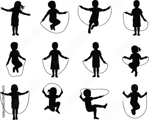 "Children jump rope silhouettes collection showing dynamic motion and playful activity, perfect for sports, fitness, lifestyle, education, wellness, and recreational design projects