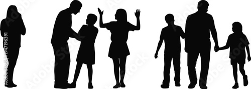 Black silhouette collection of family members including parents and children in various poses like walking holding hands and talking isolated on white background.