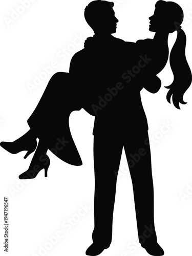 Black silhouette of a romantic man carrying a woman in his arms in a bridal carry pose isolated on a white background for wedding or anniversary
