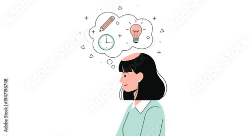 Vector illustration of woman with thought bubble and ideas