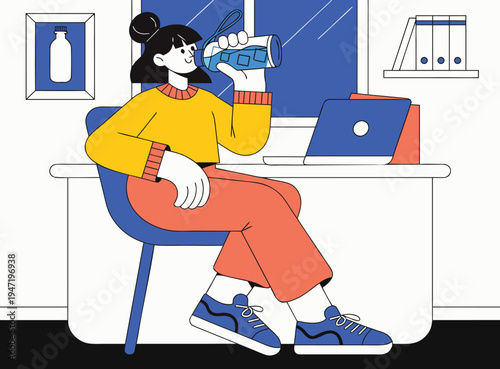 Illustration of Woman Drinking Water at Nighttime Office Desk
