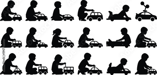 Children silhouettes collection with toy cars showing playful imagination, sitting, kneeling, and squatting poses, perfect for lifestyle, education, recreation, and childhood design projects
