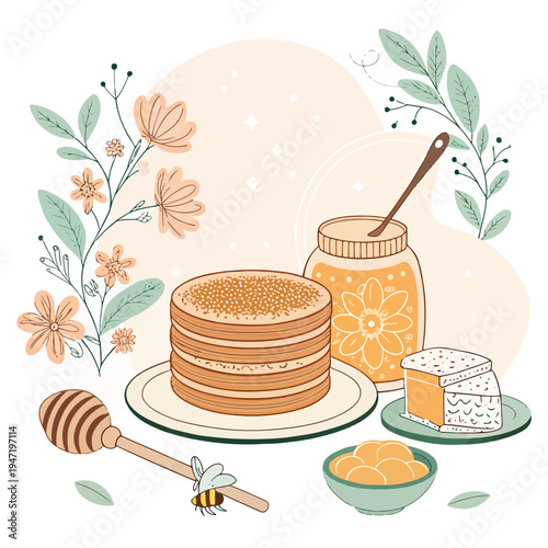 Sweet Delights A Bee-utiful Honey Stack with Cheese and Flowers