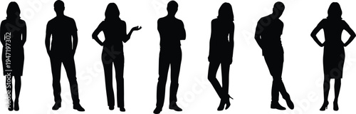"Collection of diverse human silhouettes in standing poses, showcasing body language, posture, and gesture for design, communication, and creative visual illustration projects"