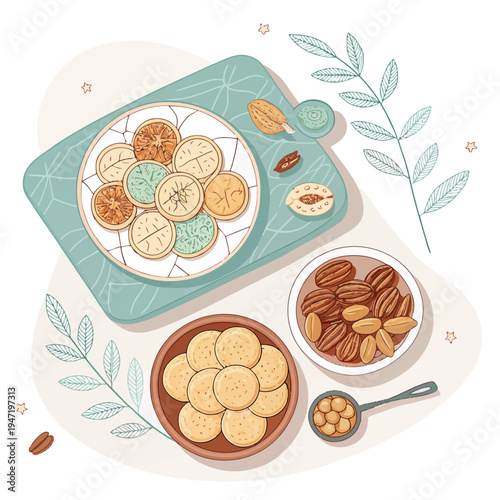 Overhead illustration of a beautifully arranged assortment of homemade sweet biscuits, decorated cookies, and a variety of nuts on a light blue placemat, perfect for a cozy snack or dessert