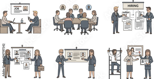 Group of various professionals discussing job applications and hiring processes during a detailed office meeting.