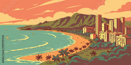 USA, US, U.S, United States - Honolulu tropical skyline sunset panorama ocean reflections vibrant colors
