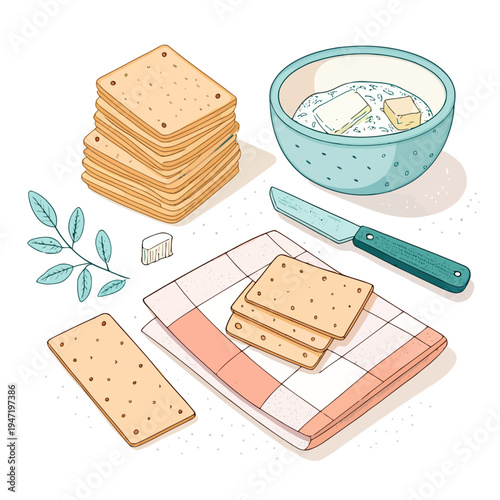 Vibrant hand-drawn illustration depicting a wholesome snack or breakfast scene with stacks of crisp crackers, creamy butter in a bowl, a knife, and a decorative napkin