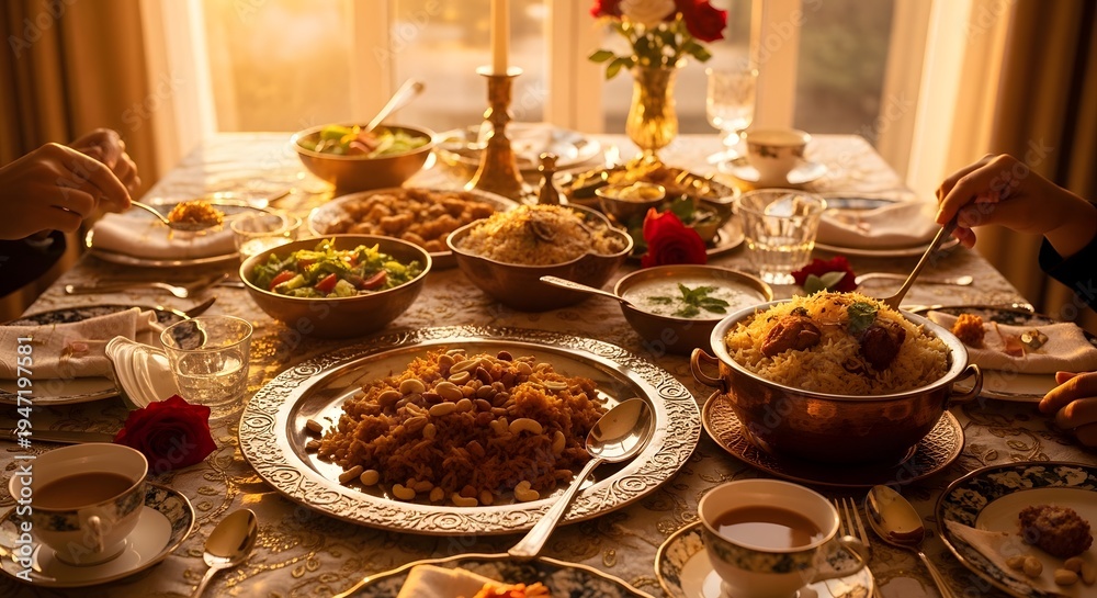 Fototapeta premium Festive Eid dinner setup by window with glowing natural light