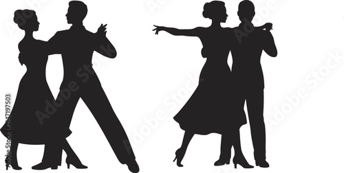 Black silhouettes of professional ballroom dancers performing elegant choreography and graceful poses including waltz and tango movements isolated on a clean white background