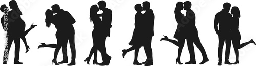 Collection of romantic couple silhouettes in various kissing and hugging poses representing love passion and wedding anniversary celebrations isolated on white background for stock.