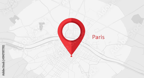 Red Location Pin on Detailed Urban City Map Pointing to Paris, Isolated White Background