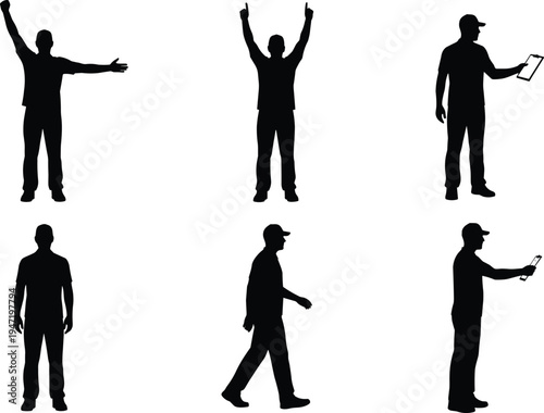 Delivery worker silhouettes collection, courier man with clipboard walking and standing poses, logistics and shipping service characters isolated on white background